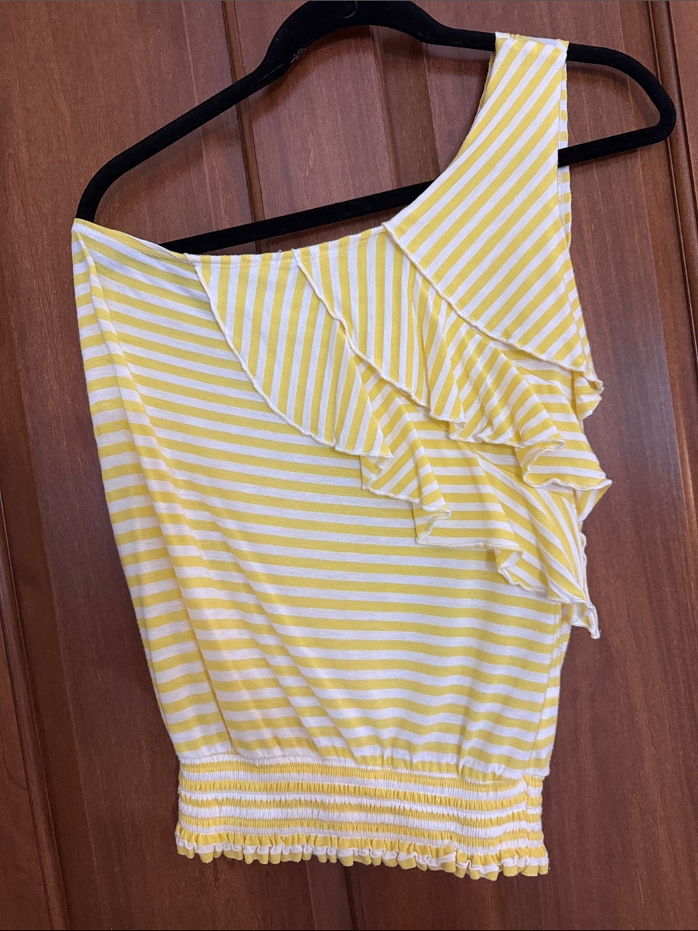 Rewind Yellow and White Striped One-Shoulder Ruffle Shirt